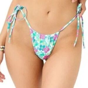 FRANKIES BIKINIS Women's Tia String Bikini Bottoms AQUA MULTICOLOR L NWT